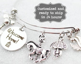 DVC Grand Floridian - Welcome Home - Vacation Club - DISNEY Inspired, Resort, Custom Name Charm Bracelet Adjustable Bangle, Mickey Key, Swan