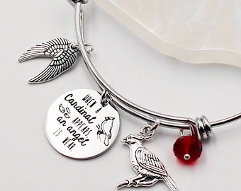 Cardinal Angel Bangle Bracelet: Memorial Loss Gift, Custom Name Charm