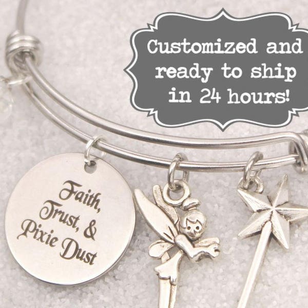 Tinkerbell Engraved - Faith, Trust, and Pixie Dust Bracelet DISNEY Inspired, Star Bracelet, Custom Name Charm Bracelet, Adjustable Bangle