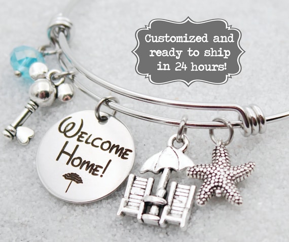 DVC Beach Club - Welcome Home - Vacation Club - DISNEY Inspired, Disney Resort, Custom Name Charm Bracelet Adjustable Bangle, Mickey Key