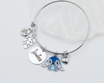 Personalized Angel Lilo Stitch Bracelet, Custom Name Charm Bangle