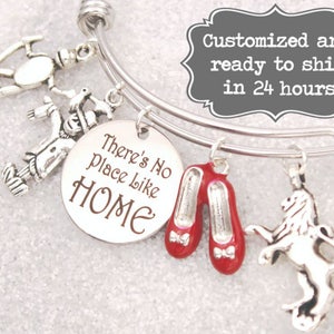 Wizard of Oz Inspired  - There&#39;s No Place Like Home, Dorothy, Oz, Ruby Slippers, Scarecrow Custom Name Charm Bracelet, Adjustable Bangle