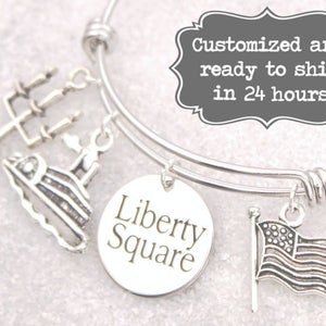 Liberty Square Engraved DISNEY Inspired, Walt Disney World Disneyland, Haunted Mansion Custom Name Charm Bracelet, Adjustable Bangle image 1