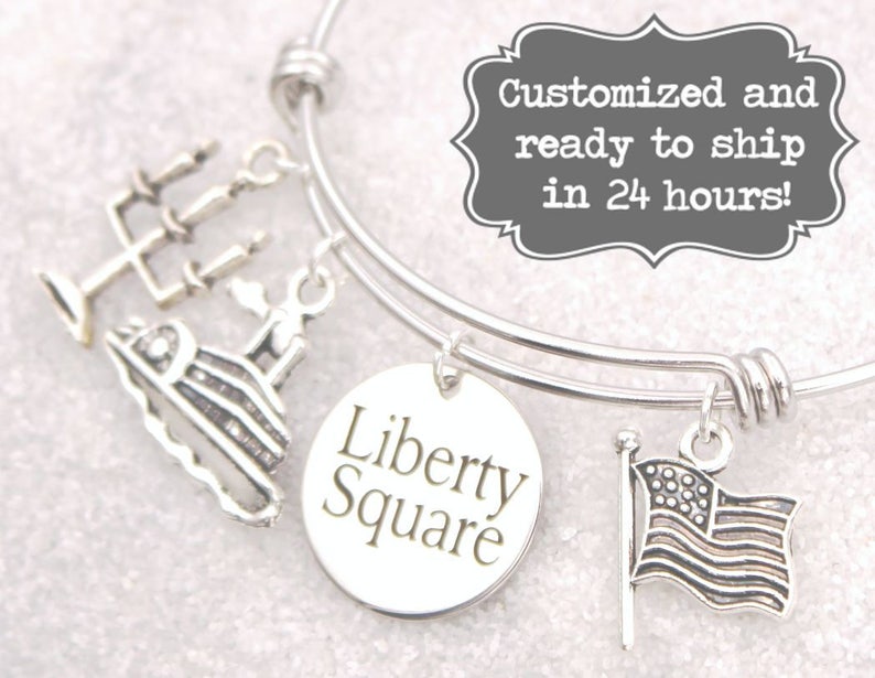 Liberty Square Engraved DISNEY Inspired, Walt Disney World Disneyland, Haunted Mansion Custom Name Charm Bracelet, Adjustable Bangle image 1