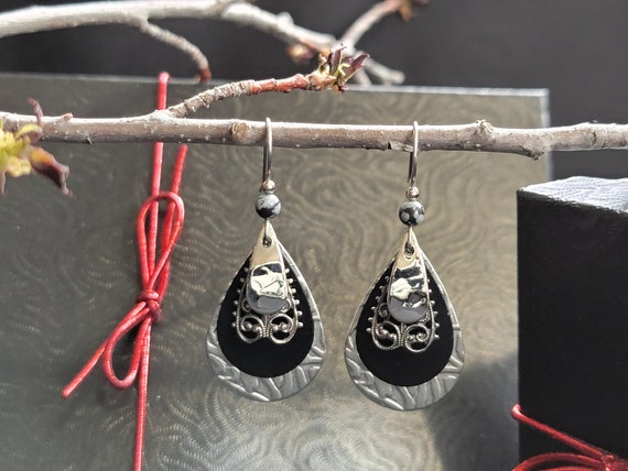 Silver Forest Black and Silver Filigree Layered E… - image 1