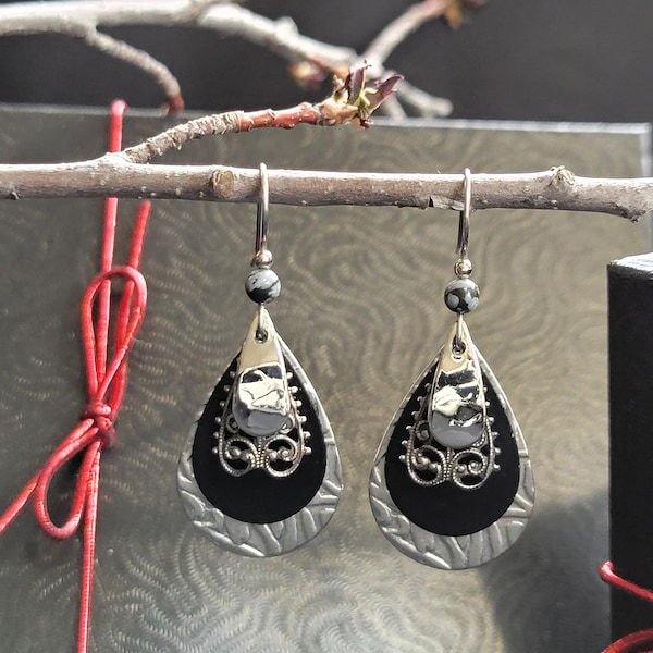 Silver Forest Black and Silver Filigree Layered Earrings