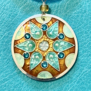Lillian Jones Enamel: Six Petals in Blues and Marigold Pendant Necklace
