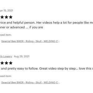Puede incluir: Dos rese&ntilde;as de clientes de Etsy con cinco estrellas para un producto Sewcial Bee BIKER - Riding - Skull - WELDING C.... La primera rese&ntilde;a dice "Persona muy amable y servicial. Sus videos ayudan mucho a personas como yo, principiantes o avanzados... si eres". La segunda rese&ntilde;a dice "Genial y bastante f&aacute;cil de seguir. Gran video paso a paso... me encanta este vendedor".