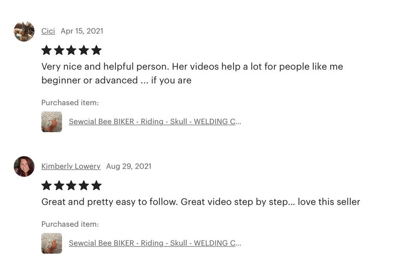 Puede incluir: Dos rese&ntilde;as de clientes de Etsy con cinco estrellas para un producto Sewcial Bee BIKER - Riding - Skull - WELDING C.... La primera rese&ntilde;a dice "Persona muy amable y servicial. Sus videos ayudan mucho a personas como yo, principiantes o avanzados... si eres". La segunda rese&ntilde;a dice "Genial y bastante f&aacute;cil de seguir. Gran video paso a paso... me encanta este vendedor".