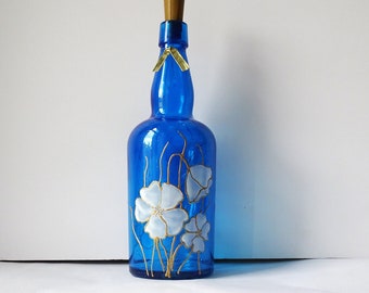 Hand painted flowers blue bottle light.  Unusual upcycled gift for grandma, friend, woman, mother, her, thank you, housewarming, birthday
