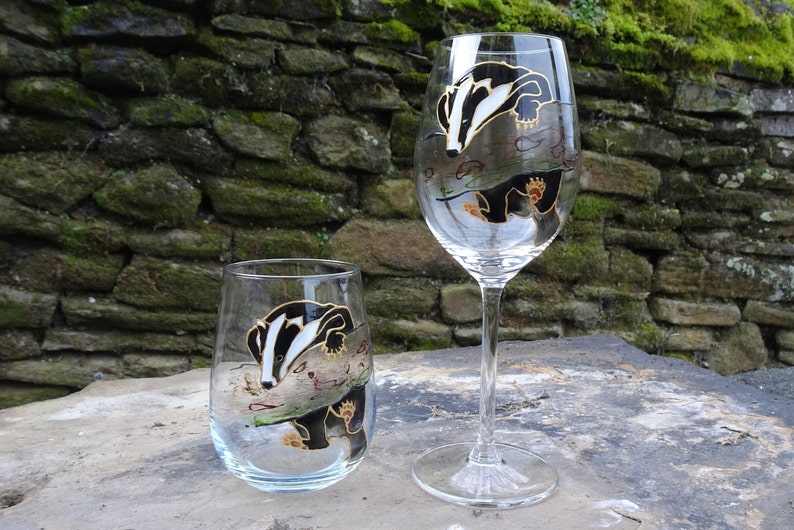 Hand painted badger wine glass. Unusual gift for friend, her, parent, mother, woman, wildlife lover, him, Birthday, thank you, Christmas image 2