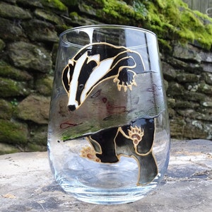 Hand painted badger wine glass. Unusual gift for friend, her, parent, mother, woman, wildlife lover, him, Birthday, thank you, Christmas Stemless Wine Glass