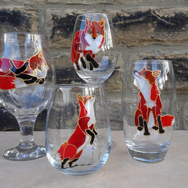 Cute hand painted fox wine or beer glass. Unusual & different Christmas gift for animal or wildlife lover.  Him or her.