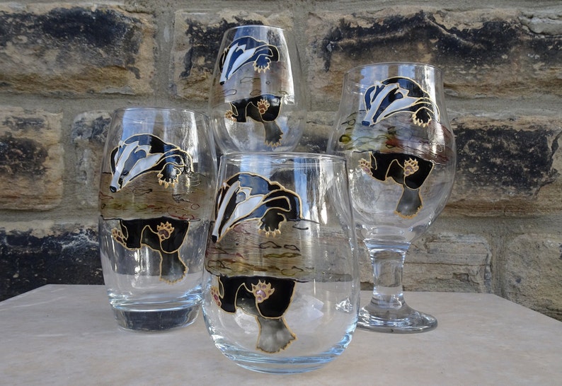 Hand painted badger wine glass. Unusual gift for friend, her, parent, mother, woman, wildlife lover, him, Birthday, thank you, Christmas image 1