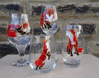 Cute hand painted fox wine or beer glass. Unusual gift for him, her, family, couple, brother, sister, friend, birthday, Mother's Day