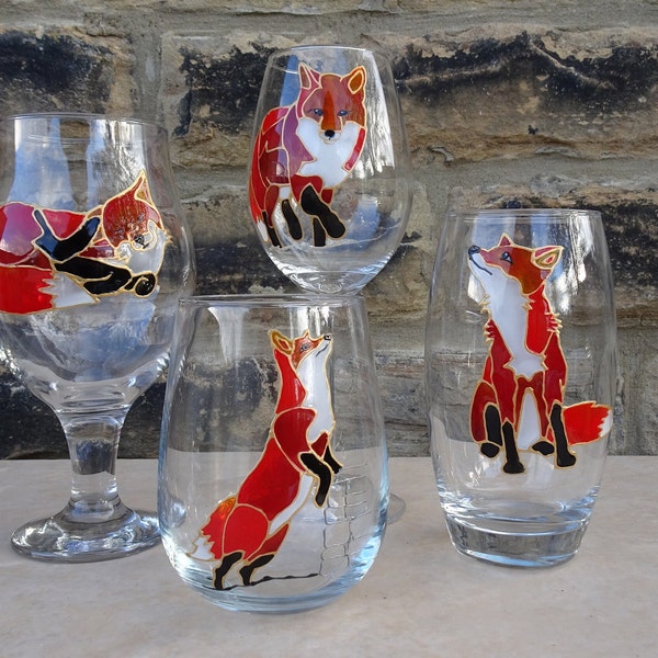 Cute hand painted fox wine or beer glass. Unusual gift for him, her, family, couple, brother, sister, friend, birthday, Mother's Day