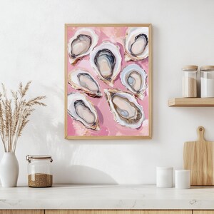 Impression d'art huîtres roses, peinture de coquillages d'huîtres, nature morte d'huîtres, art mural maison de plage côtière, art de cuisine Français, décoration de restaurant