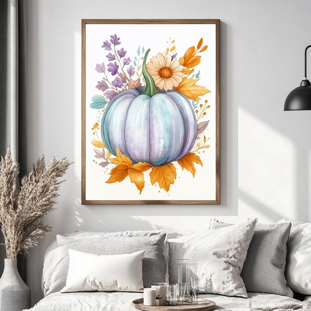 Light Blue Pumpkin Print, Watercolor Fall Art Print, Printable Wall Art