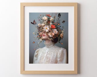 Floral Woman Art Print: Botanical Collage, Maximalist Decor (Digital Download)
