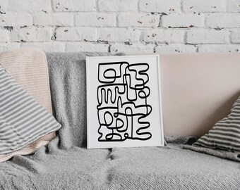 Abstract Line Art Print, Minimalist Black White One Line Drawing (Digital Download)