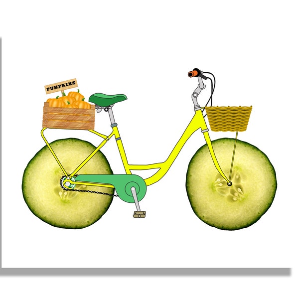 Retro Bicycle With Sliced Cucumber Wheels Art Print, Digital Download, Vegetable Print For Kitchen, Cucumber Print, Green Wall Art, Food Art