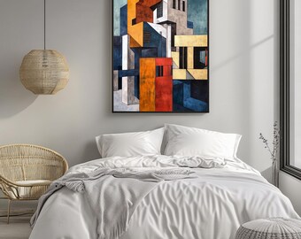 Modern Abstract Architecture Wall Art, Geometric City Painting, Mid Century Bauhaus Style Digital Download