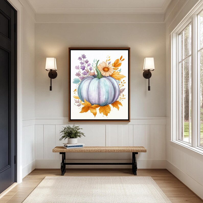 Light Blue Pumpkin Print, Watercolor Fall Art Print, Printable Wall Art