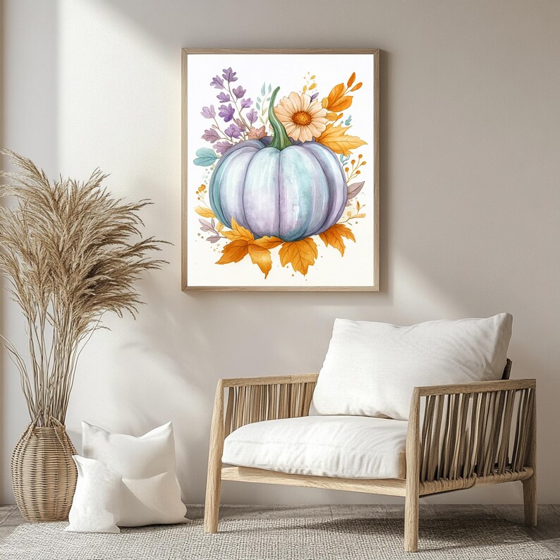 Light Blue Pumpkin Print, Watercolor Fall Art Print, Printable Wall Art