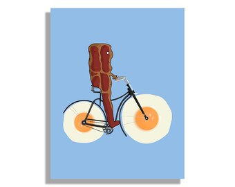 Bacon And Eggs Digital Art, Bicycle Art Print, Kitchen Wall Art, Foodie Gift, Breakfast Print, Food Print, Kitchen Decor, Digital Download