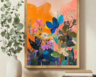 Vibrant Floral Abstract Art Print, Boho Bouquet Gallery Wall Art (Digital Download)