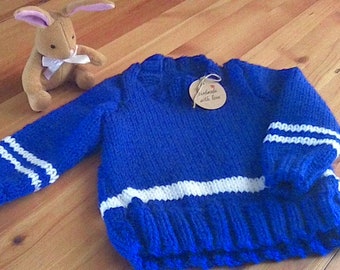 Hand knitted blue/white baby jumper