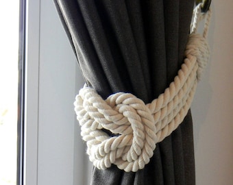 Double Square Knot - White  Curtain Tie-backs - Cotton Rope Tiebacks - Shabby Chic - Nautical Decor