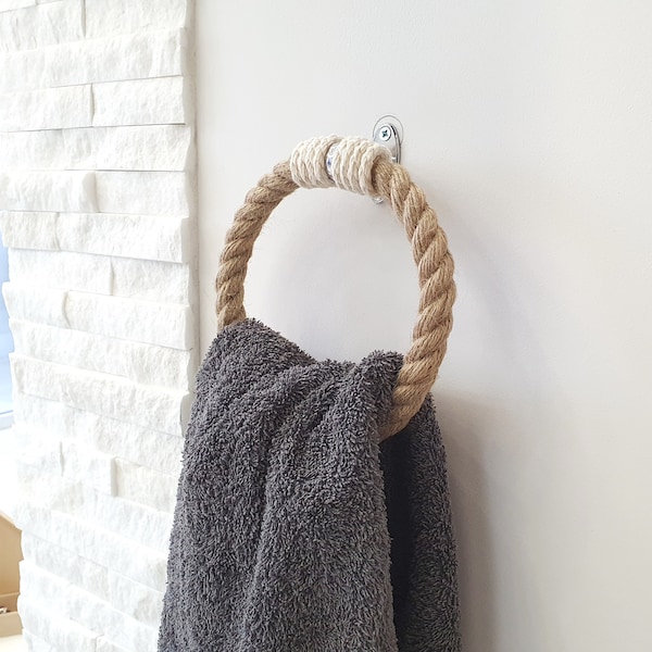 Round Jute Small Towel Holder..Decor for Bathroom or Kitchen..Natural Jute Rope and White Wrap..Natural Jute Rope..6,2"(16 см)