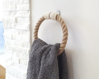 Round Jute Small Towel Holder..Decor for Bathroom or Kitchen..Natural Jute Rope and White Wrap..Natural Jute Rope..6,2"(16 см)