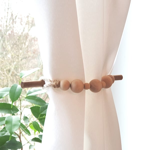 Curtain Tie-Backs..Decoration for Curtains..Wooden Beads..Curtain Design..Jute rope.. White Cotton Rope