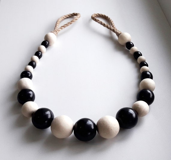 Black And White Wooden Beads Curtain Tie Backs Jute Rope Etsy