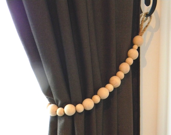 Wooden Beads Curtain Tie Backs Jute Rope Tiebacks Wooden Beads Curtain Tie Backs Jute, Wood Bead Curtains
