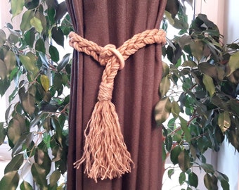 Jute Tie For Curtains With Tassel ..Curtain Tie backs ..Pigtail of four ropes..Rustic curtain holdbacks