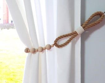 Wooden Beads and Jute Rope - Curtain Tieback-Shabby Chic ties-Nautical Decor-Industrial holdbacks