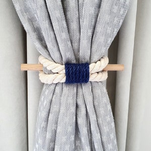 Curtain Tieback-Shabby Chic ties-Nautical Decor-Natural Cotton Rope-Blue Navi Rope -Wooden Pin