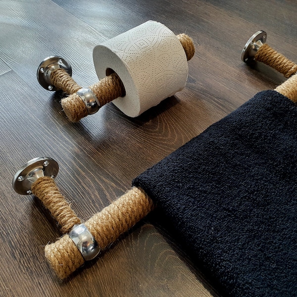 Bathroom Holders Set ..Big Towel Holder..Toilet Paper Holder..Jute Rope Nautical Decor..Toilet Roll Holder..