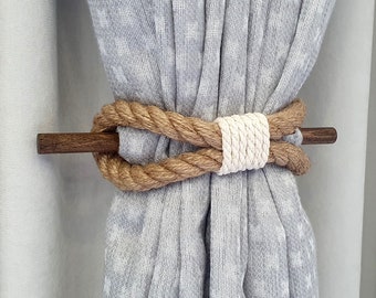 Jute Rope Curtain Tieback-Shabby Chic ties-Nautical Decor-Natural Jute Rope, Cotton Rope, Wood Pin