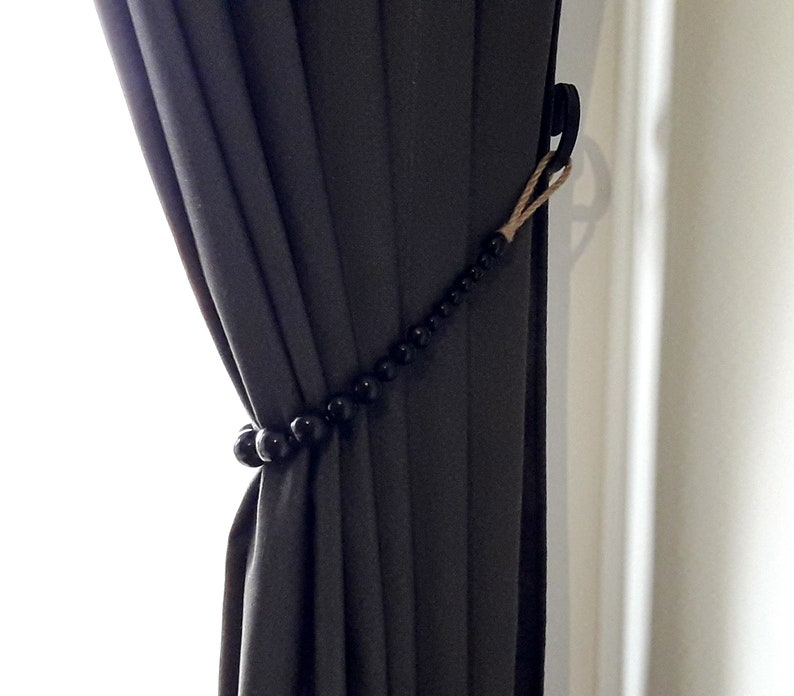 Black Wooden Beads Curtain Tie Backs Jute Rope Curtain Etsy