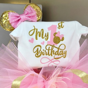 Tenue d'anniversaire de Minnie Mouse, tenue de 1er anniversaire de Minnie Mouse, tenue de Minnie Mouse rose et or, tenue de premier anniversaire de minnie mouse, ensemble de tutu