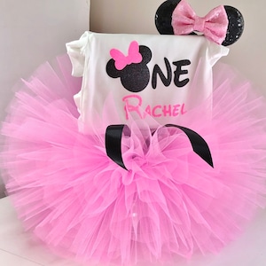 Minnie Maus Geburtstag Outfit, 1. Geburtstag Minnie Maus Outfit, Rosa und Schwarzes Minnie Maus Outfit, Minnie Maus Tutu Set, 1
