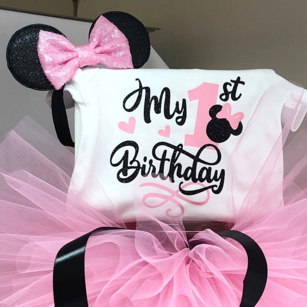 Traje de cumpleaños de Minnie Mouse, traje de Minnie Mouse negro rosa, traje de 1er cumpleaños de minnie mouse, traje de primer cumpleaños de minnie mouse, conjunto de tutú