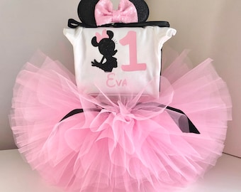 Pink and Black Minnie Mouse Outfit, First Birthday Minnie Mouse, Minnie Mouse birthday tutu outfit, Minnie Mouse tutu set, 1st birthday