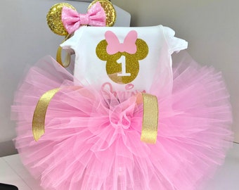 Minnie Mouse 1ère tenue d’anniversaire, tenue d’anniversaire Minnie Mouse Rose et Or, Tenue Crown 1ère anniversaire, Couronne tenue de premier anniversaire