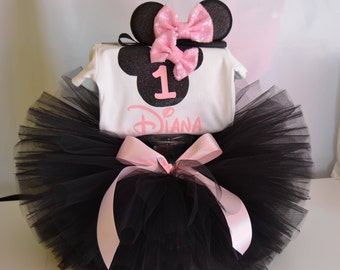 Pink and Black Minnie Mouse Outfit, First Birthday Minnie Mouse, Minnie Mouse birthday tutu outfit, Minnie Mouse tutu set, 1st birthday