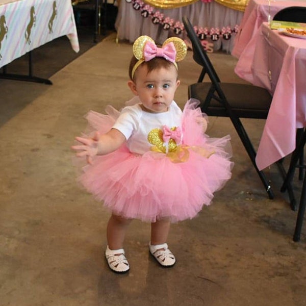 Minnie Mouse 1er traje de cumpleaños, traje de cumpleaños de Minnie Mouse rosa y oro, traje de 1er cumpleaños de la corona, traje de primer cumpleaños de la corona